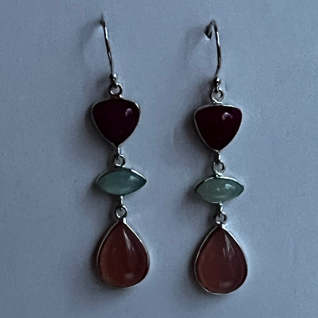 Ruby, Chalcedony and Rose Quartz Drop Earrings