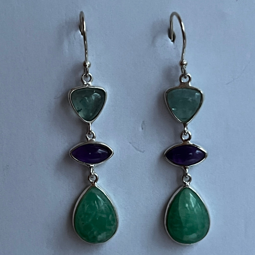Apatite, Amethyst and Chrysoprase Drop Earrings