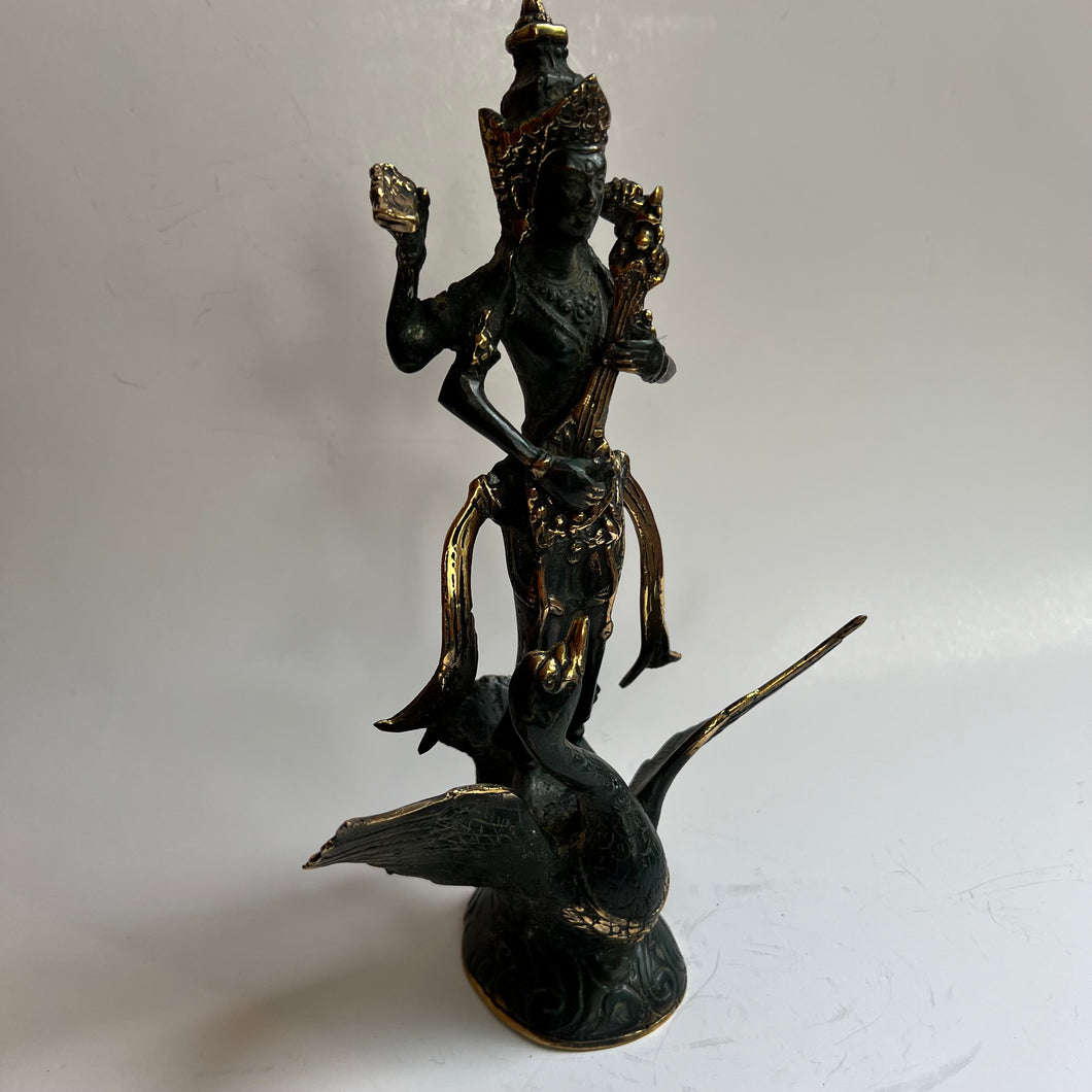 Bronze Saraswati Statue with Veena and Peacock