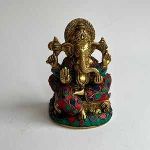 Brass Ganesh Statue Inlaid with Turquoise, Coral  & Lapis