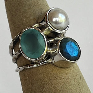 Labradorite, Chalcedony & Pearl Ring