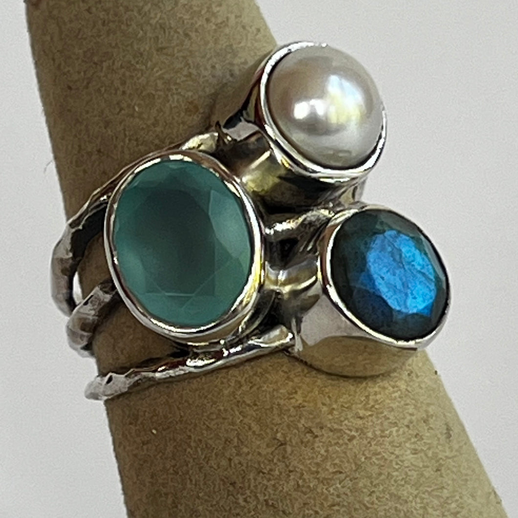 Labradorite, Chalcedony & Pearl Ring